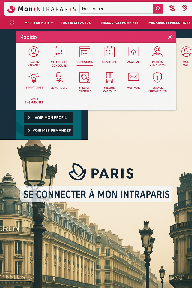 Connexion à la plateforme Intraparis avec interface utilisateur et décor parisien